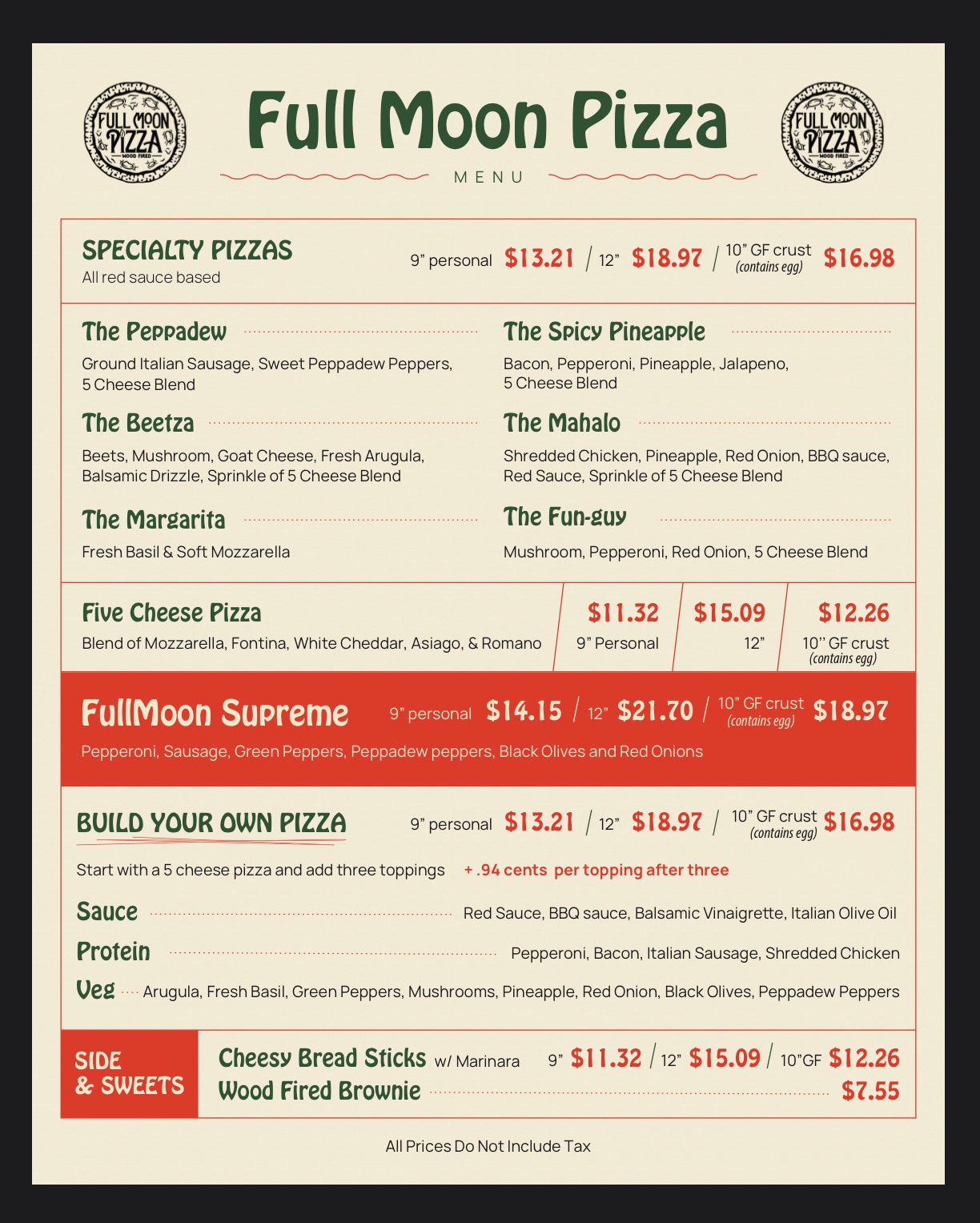 Full moon deals menu